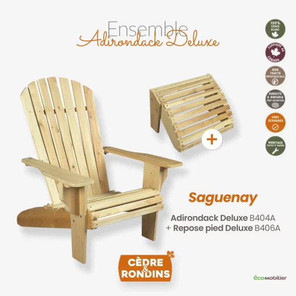 Ensemble de jardin avec un adirondack canadien original en bois massif de cèdre et son repose pied