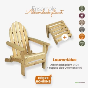 Ensemble de mobilier de jardin Laurentides - Adirondack authentique canadien pliant B404 et repose pied en bois blanc massif B406