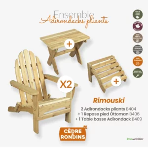 Ensemble de jardin Rimouski - Adirondack pliant B404 et repose pied Ottoman en bois blanc B406 + une table basse en bois de cèdre blanc canadien