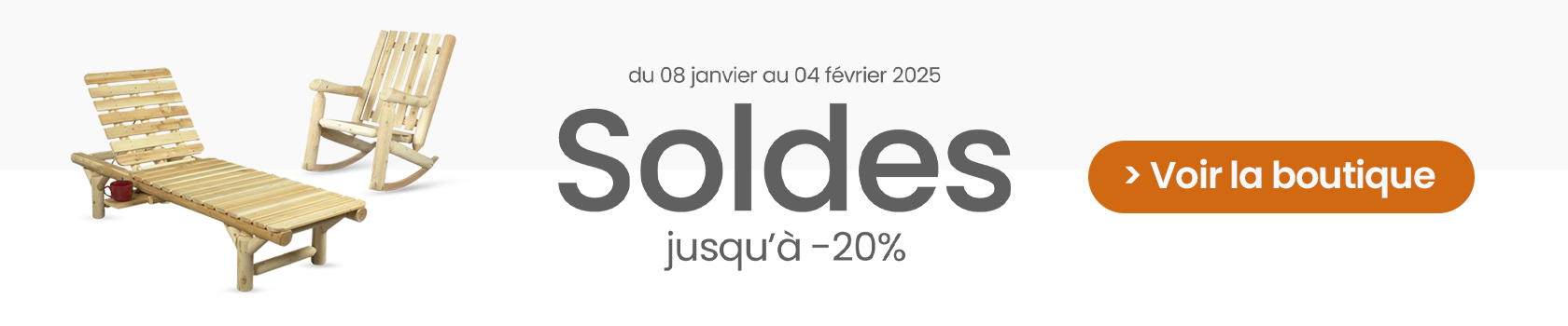 bannière des soldes sur le mobilier en bois blanc de cedre massif - soldes de janvier 2025 sur le site Cèdre et Rondins