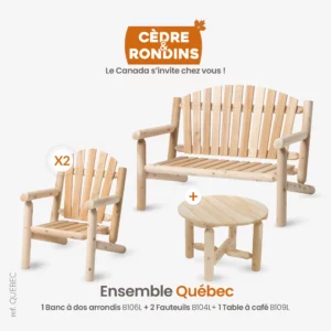 ensemble mobilier de jardin avec fauteuil et banc avec table basse de jardin en bois cedre et rondins (quebec)