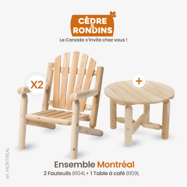 ensemble mobilier de jardin avec fauteuil et table basse de jardin en bois blanc - cedre et rondins (montreal)