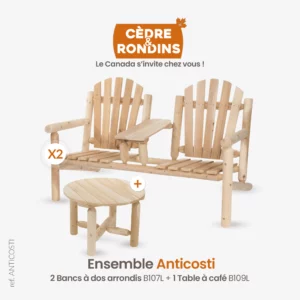 ensemble mobilier de jardin avec tete a tete - table a cafe en bois blanc - cedre et rondins (anticosti)